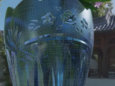 Vase with floral carving ornament and lilac flowers 3D model