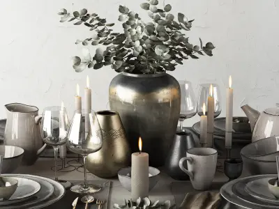 Tableware Set table setting with silverware and plates 3D model