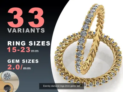 Eternity diamond rings 2i0  2i5  3i0 mm gems set 3D Model Pack