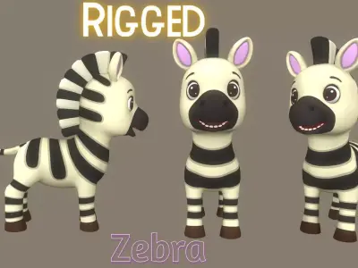 Rigged Black Cartoon Zebra Low-poly 3D model