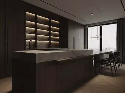 Minimalist Livingroom-Kitchen Interior  3d scene by Lido CG 3D model