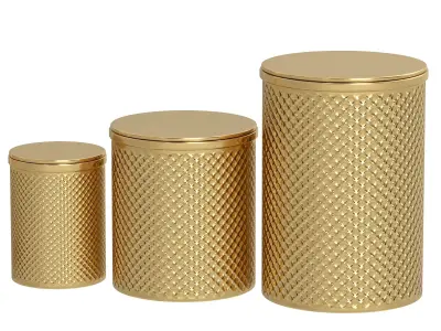 Decorative set three gold metal canisters 3D model
