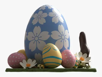Easter Eggs Rabbit Flowers Composition 3D model
