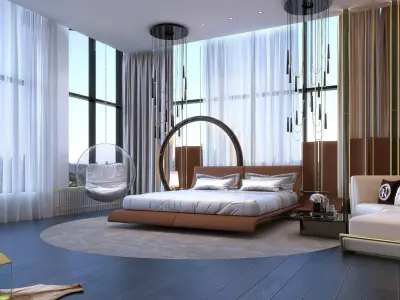 bedroom modern with wooden floors and bed 3D model