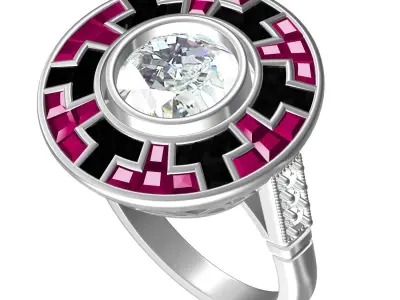 Ruby and Black Onyx Round Shaped Art Deco Ring 3D print model