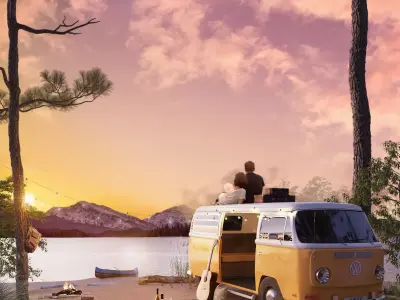 Retro Volkswagen camping van model with scenery  3D model