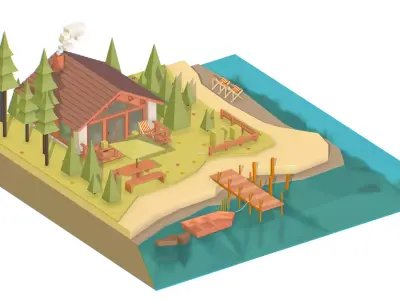 isometric house island coniferous trees cottage Low-poly 3D model