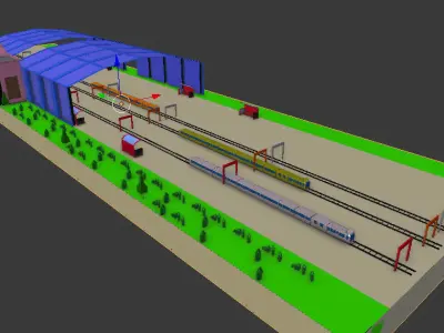 low poly Train station with tracks and buildings Low-poly 3D model