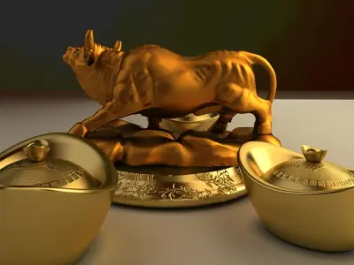 Chinese golden OX with gold ingot 3D model