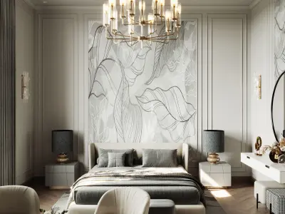 bedroom with walls and chandelier Low-poly 3D model
