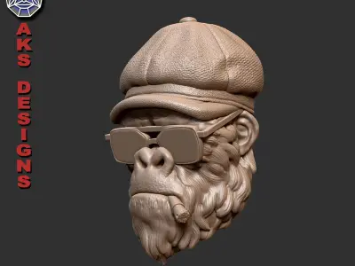 Gangster gorilla smoking with hat Bas relief 3D print model