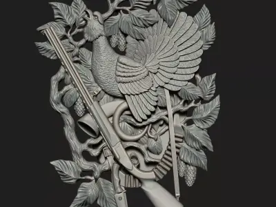 Hunting wood carving with eagle 3D print model
