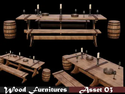 PBR WOOD FURNITURES - Collection - 03  - 4K Textures Game Ready Low-poly 3D model