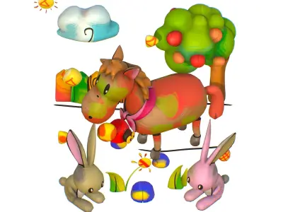 3D illustration Horse Hare Rabbit Ladybird Wood Low-poly 3D model