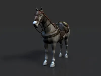 Horse with saddle armor and backpack Low-poly 3D model