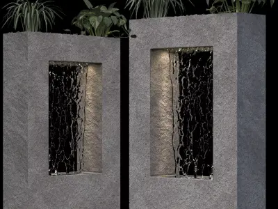 Minimalist Water Wall Fountain with Planters Low-poly 3D model