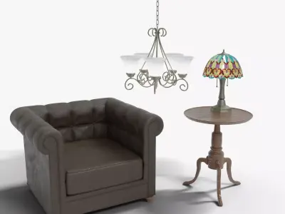 Old Living Room Set Leather Armchair Side Table Lamp Chandelier Low-poly 3D model