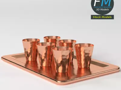 Copper shot glasses on a tray 3D model