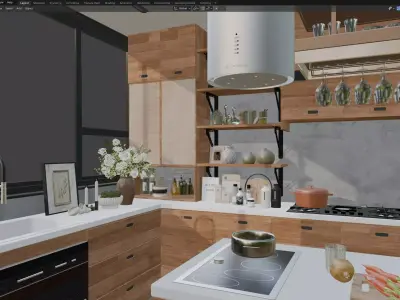 Modern Wooden Kitchen with Island and Built-in Appliances 3D model