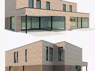 Modern House 02 light brick and wood 3D model