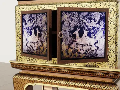 Antique luxury golden asian thai style bookcase cabinet chest 3D model