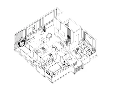 Furnished 2BHK Sample Flat Interior  Isometric 3D Model Low-poly 3D model