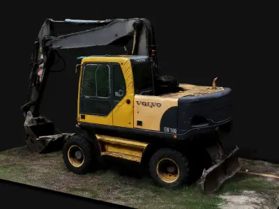 construction-site excavator on wheels drone photogrammetry 3D model