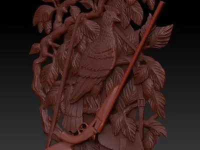 Hunting wood carving of bird with rifle 3D print model