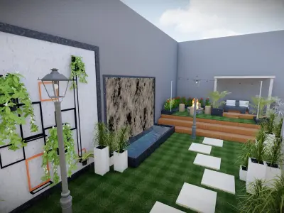  Terrace Garden 3D Model with Pergola and Water Feature 3D model