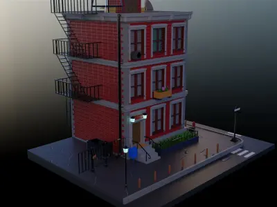 Cartoon building with decoration and street details PBR low-poly Low-poly 3D model