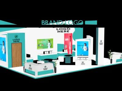 Contemporary exhibition booth with teal accents and brand focus 3D model