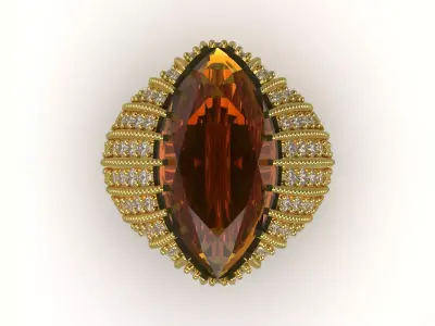 Yellow Gold Smoky Topaz and Diamond STL 3D Ring Model jr00193 3D print model