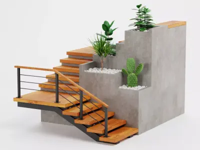 Staircase Corner with Plants - Modular Interior Stairs  Low-poly 3D model