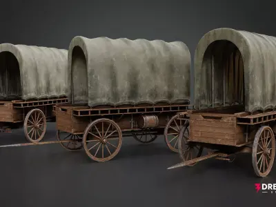 Medieval Covered Wagon - Realistic Wooden Transport Low-poly 3D model
