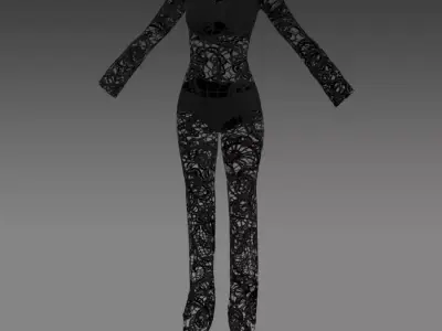 LACE FABRIC BLACK BLOUSE ANDPANT TWO PIECES JUMPSUIT 3D model