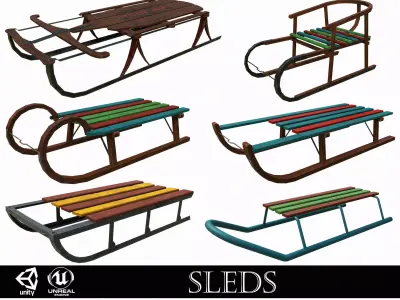 Christmas Set of 6 Old Wooden Sleds Low-poly 3D model