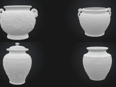 Chinese style asset terracotta pot 3D model pack of 4 Low-poly 3D model