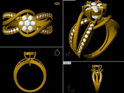 Split Shank Floral Cluster Engagement Ring in Yellow Gold 3D print model
