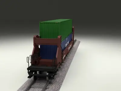 Brown Train Well Car w Containers 3D model