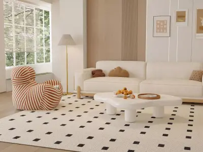 Cozy Cream Living Room With Striped Lounge Chair 3D model