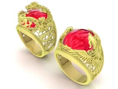 Luxury Asian Dragon Ring with Red Cabochon Gemstone  3871 3D print model