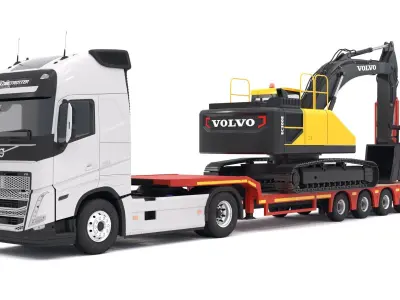 Volvo fh16 2021 and Lowboy Trailer with EC300E Excavator 3D model