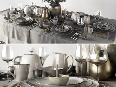 Tableware Set table setting with silverware and plates 3D model