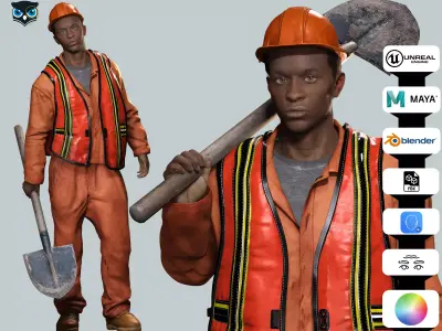 Realistic Construction Worker in Safety Gear Low-poly 3D model