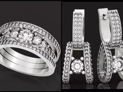 set luxury earrings and ring breguet with gemstones 3D Model Pack