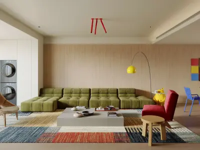 Modern Colorful Living Room with Modular Sofa and Dining Area 3D model