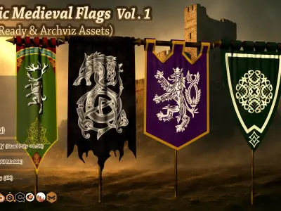 25 Epic Medieval Flags Vol 1 Game Ready and  Archviz Assets Low-poly 3D model