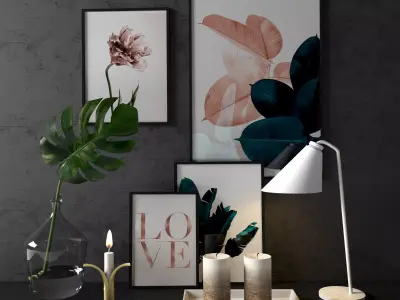 Decorative set four framed pictures and candle on table 3D model