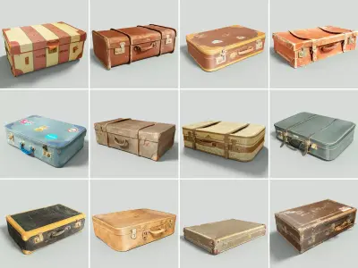 12 Vintage Suitcases Retro Valise Collection Low-poly 3D model