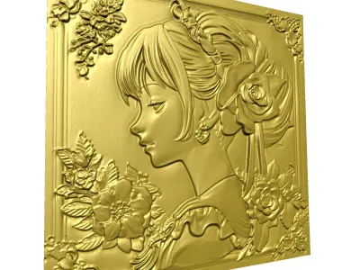 Japanese anime girl with flowers5 CNC 3D model 3D print model
